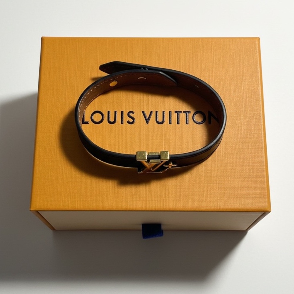 Authentic Louis Vuitton LV Iconic Bracelet Black Leather Gold Hardware Unisex - Picture 6 of 9